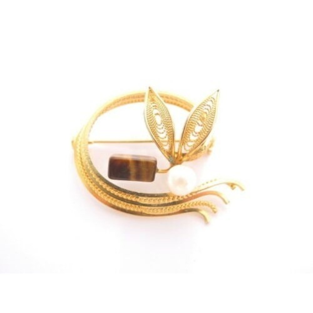 Vintage Tiger's Eye & Pearl Filigree Flower Pin Brooch